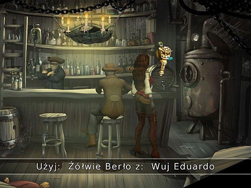 W knajpie zagadnij Wuja Eduardo (możesz też pogadać z barmanem) siedzącego na beczce (po prawej) - Wuj Eduardo (3) - 8 - Francuska dzielnica - Kapitan Morgane i legenda Złotego Żółwia - poradnik do gry