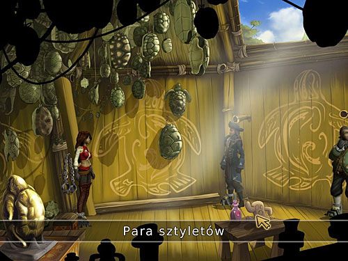 Kiedy trójka bohaterów znów zostanie sama, zwróć uwagę na parę sztyletów wbitych w ciasteczkową figurkę na stoliku w centrum pomieszczenia - Kajdany - 9 - Wyspa Żółwi - Kapitan Morgane i legenda Złotego Żółwia - poradnik do gry