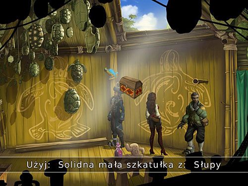 Postaw szkatułkę z kosztownościami przy ścianie po prawej, klikając nią na którymś z wystających ze ściany słupów - Wielka ucieczka - 9 - Wyspa Żółwi - Kapitan Morgane i legenda Złotego Żółwia - poradnik do gry