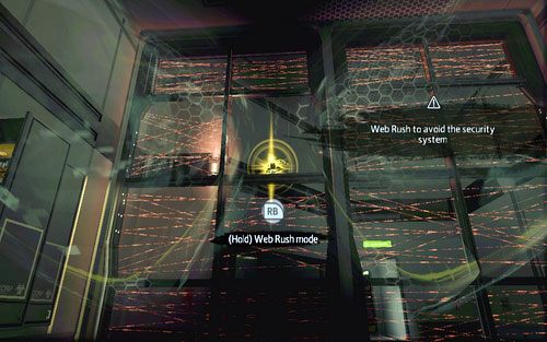 Musisz tak wycelować w otwartą przestrzeń, by pojawił się żółty obraz Spider-Mana, a następnie przytrzymać i puścić RB - 01 - Oscorp Is Your Friend - Opis przejścia - Niesamowity Spider-Man - poradnik do gry