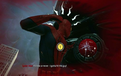 Podczas niszczenia drugiego oka, pamiętaj również o korzystaniu z uników (Y) - 01 - Oscorp Is Your Friend - Opis przejścia - Niesamowity Spider-Man - poradnik do gry