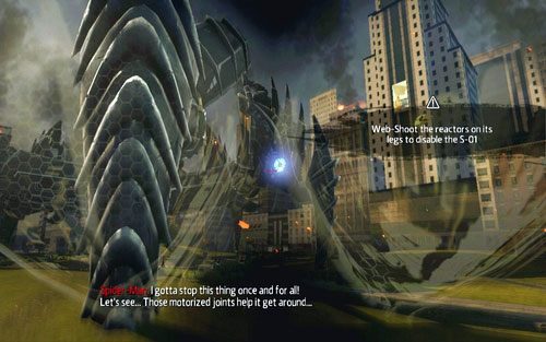 W trzeciej fazie starcia na nogach robota pojawią się niebieskie turbiny - 01 - Oscorp Is Your Friend - Opis przejścia - Niesamowity Spider-Man - poradnik do gry