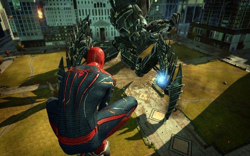 Wyląduj na jednym z pobliskich wieżowców i ostrzelaj cele wciskając szybko przycisk B - 01 - Oscorp Is Your Friend - Opis przejścia - Niesamowity Spider-Man - poradnik do gry