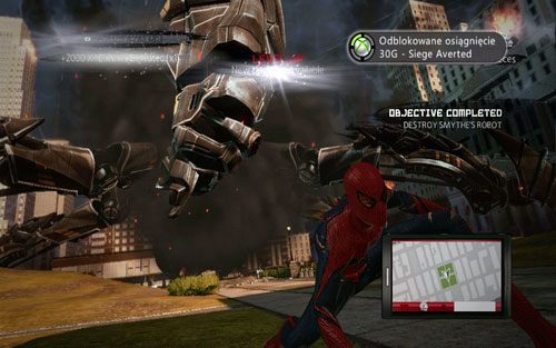 Gdy ostatnia noga zostanie wyłączona, użyj Web Rusha na głowie maszyny i zakończ etap - 01 - Oscorp Is Your Friend - Opis przejścia - Niesamowity Spider-Man - poradnik do gry