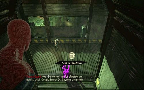 Na jego końcu znajdziesz dwóch mężczyzn, których możesz po cichu zlikwidować - 03 - In the Shadow of Evils Past - archiwa Oscorps - Opis przejścia - Niesamowity Spider-Man - poradnik do gry