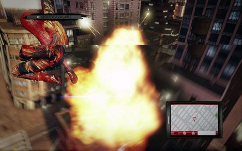 Będzie on latał wokół budynków i wystrzeliwał w stronę Spider-Mana serie pocisków, których musisz unikać - 05 - To Smash the Spider - Opis przejścia - Niesamowity Spider-Man - poradnik do gry