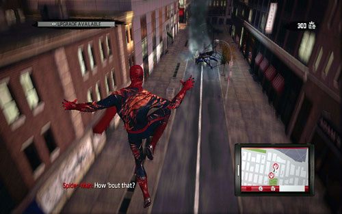 Aby zadać obrażenia przeciwnikowi, podążaj zanim, cały czas strzelając pajęczymi pociskami (B) - 05 - To Smash the Spider - Opis przejścia - Niesamowity Spider-Man - poradnik do gry