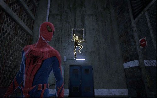 Po przejściu przez przewód wentylacyjny, pokonaj czekającego po drugiej stronie przeciwnika, a następnie wejdź do pobliskiego korytarza - 04 - The Thrill of the Hunt - Znajdźki - Niesamowity Spider-Man - poradnik do gry