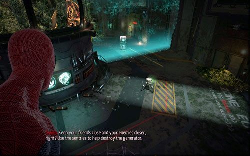 Gdy uda ci się przy pomocy robotów, zniszczyć dwa generatory barier, udaj się w prawy róg pomieszczenia - 06 - Smythe Strikes Back - Nagrania, Magazyny, Instrukcje - Znajdźki - Niesamowity Spider-Man - poradnik do gry