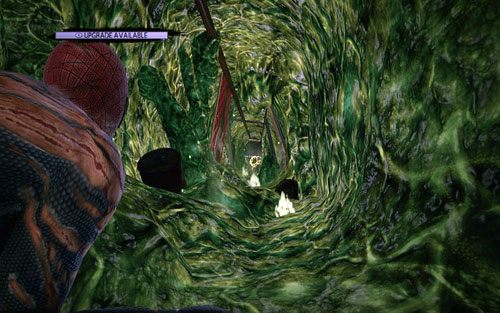 Gdy dotrzesz do korytarza wypełnionego kwasem, przeleć na drugą stronę za pomocą Web Rusha - 12 - Where Crawls the Lizard? - Znajdźki - Niesamowity Spider-Man - poradnik do gry