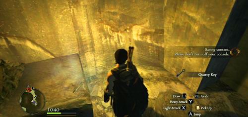 W środku podnosimy klucz (Quarry Key) leżący na bloku skalnym (będzie delikatnie podświetlony) - Of Merchants and Monsters | Akt 2 (ZP) w Dragons Dogma - Dragons Dogma - poradnik do gry