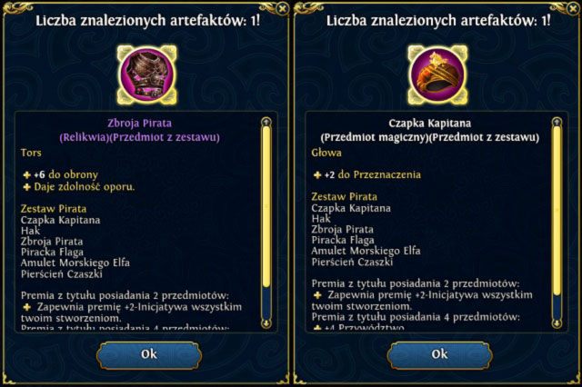 Dwa z sześciu artefaktów należących do Zestawu Pirata. - Misja 1 - Przypadki kapitana Hacka (ZP) | Misja 1 - Przypadki kapitana Hacka (ZG) - Might & Magic: Heroes VI - Pirates of the Savage Sea - poradnik do gry