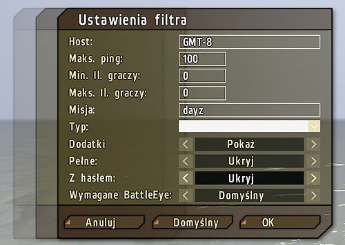 Aby zawęzić wyszukiwanie serwerów tylko do tych, które Cię interesują, w przeglądarce GameSpy kliknij przycisk Filtr - DayZ: Filtry - serwery - DayZ - poradnik do gry