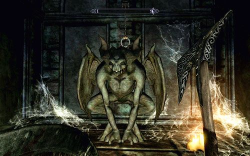 Przejdź na jej drugą stronę, wejdź po schodach, a następnie pociągnij za łańcuch wiszący nad gargulcem - Chasing Echoes | Ścieżka Dawnguarda | The Elder Scrolls V Skyrim Dawnguard - The Elder Scrolls V: Skyrim - Dawnguard - poradnik do gry