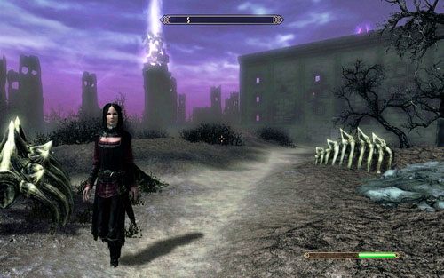 Kawałek przed dużym prostokątnym budynkiem znajduje się skrzyżowanie, na którym powinieneś wybrać ścieżkę w lewo - Impatience of a Saint | Wspólne zadania poboczne | TES V Skyrim Dawnguard - The Elder Scrolls V: Skyrim - Dawnguard - poradnik do gry