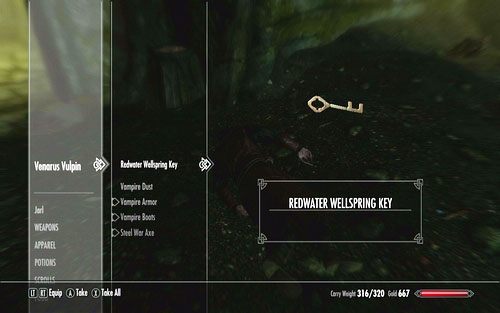 Pokonaj wszystkich, a następnie podnieś Redwater Wellspring Key leżący przy ciele przywódcy - The Bloodstone Chalice | Ścieżka lorda wampirów | TES V Skyrim Dawnguard - The Elder Scrolls V: Skyrim - Dawnguard - poradnik do gry