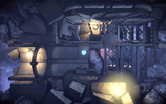 Po lewej znajdziesz kilka kamieni - zabierz jeden i umieść go tuż przed tunelem po prawej stronie - Podziemia | Unmechanical - Unmechanical - poradnik do gry