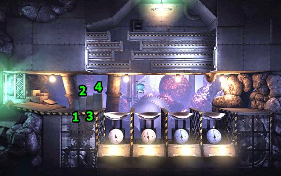 Pierwsza łamigłówka [#3] na tej planszy polega na odpowiednim ustawieniu odważników na czterech wagach - MAPA - TUNEL 1 | Rozrusznik | Unmechanical - Unmechanical - poradnik do gry