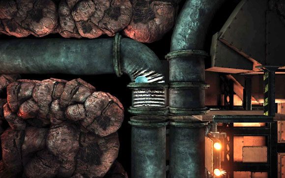 Powróć na powierzchnię i przełącz wajchę - pierwsza blokada powinna pozostawić odblokowaną rurę niżej, druga zaś odblokuje dalsza drogę - Kopalnia | Unmechanical - Unmechanical - poradnik do gry