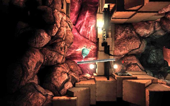 Wraz z belką raz jeszcze udaj się do przeszkody [#9] - musisz ją wprowadzić w wąską szparę przełączając tym samym wajchę i odblokowując sobie dalszą drogę - Kopalnia | Unmechanical - Unmechanical - poradnik do gry