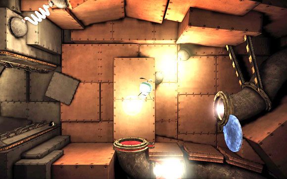 Wajchą otwórz sobie kolejne wrota, po czym wprowadź zużytą kulę do otwartego kanału po prawej [#13] - Kopalnia | Unmechanical - Unmechanical - poradnik do gry