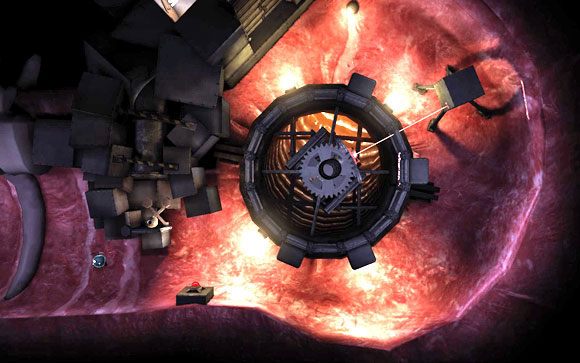 Leć dalej - z kanały wyleć w górę, następnie znajdziesz się w czymś w rodzaju wnętrzności - Rozrusznik - kontynuacja - MAPA - TUNEL 3 | Rozrusznik -kontynuacja - Unmechanical - poradnik do gry