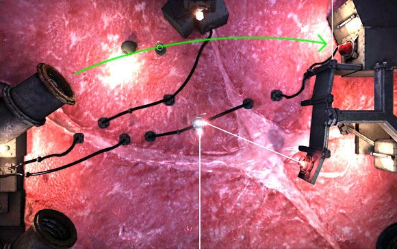 W momencie, gdy bomba przeleci nad Tobą, czym prędzej skieruj się w górę na miejsce skrzyżowania dwóch wiązek lasera, by bomba mogła polecieć w stronę organu - Rozrusznik - kontynuacja - MAPA - TUNEL 3 | Rozrusznik -kontynuacja - Unmechanical - poradnik do gry