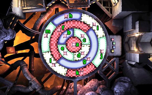 Zadanie polega na takim rozmieszczeniu kolorowych tekstur, aby dwie stykające się bezpośrednio części nie miały tego samego koloru - Rozrusznik - kontynuacja - MAPA - TUNEL 3 | Rozrusznik -kontynuacja - Unmechanical - poradnik do gry