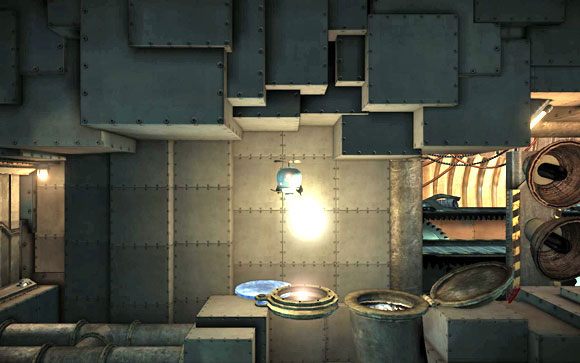 Wrzuć kulę do kanału po lewej - sam zaś udaj się do tego po prawej, aby przedostać się na dół - Fabryka | Unmechanical - Unmechanical - poradnik do gry