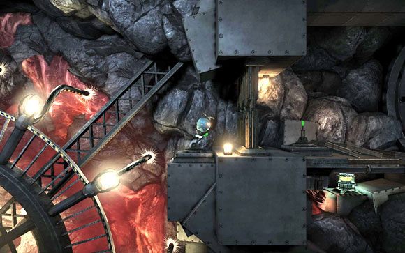 Powinieneś znaleźć się w pomieszczeniu z ogromnym kołem na środku, wokół którego rozmieszczone są świecące kule [#14] - Fabryka | Unmechanical - Unmechanical - poradnik do gry