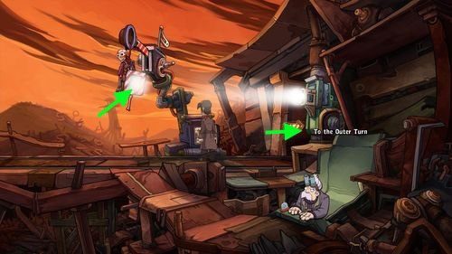 Ramię semafora podniesie się, a lustro odbije światło żarówki, oświetlając ciemną lokację po prawej stronie - Deponia: Umieść Goal w wózku kopalnianym (Kopalnia złomu) - solucja - Deponia - poradnik do gry