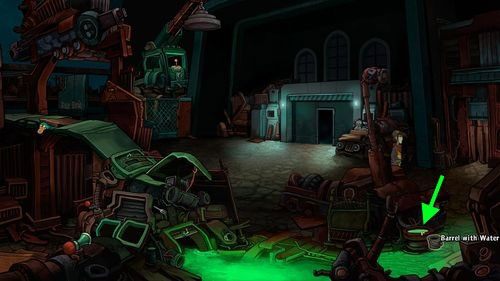 Nabierz wiadrem (Bucket) wody z beczki (Barrel with Water), a następnie użyj na wiadrze (Bucket with Water) kolejno mydła (Soap) i mopa (Mop), otrzymując mop z pieniącą się wodą (Mop with Sopay Water) - Deponia: Wyczyść mozaikę (Niższa Stacja Wschodzenia) - solucja - Deponia - poradnik do gry