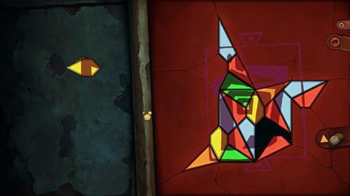 Dopasuj fragmenty tak jak na powyższym obrazku - okazuje się, że ostatni fragment zupełnie tu nie pasuje - Deponia: Wyczyść mozaikę (Niższa Stacja Wschodzenia) - solucja - Deponia - poradnik do gry