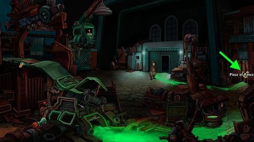 W kolejnej lokacji jeszcze raz poświeć latarką na fosforowy ślad (Phosphor Trace), zauważając, że prowadzi on do ogrodzenia po prawej stronie - Deponia: Znajdź Goal (Niższa Stacja Wschodzenia) - solucja, opis przejścia - Deponia - poradnik do gry