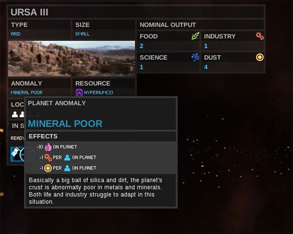 W wyniku tej niedogodności URSA III nie będzie planetą łatwą w adaptacji - Anomalie - Okno Planety - Endless Space - poradnik do gry