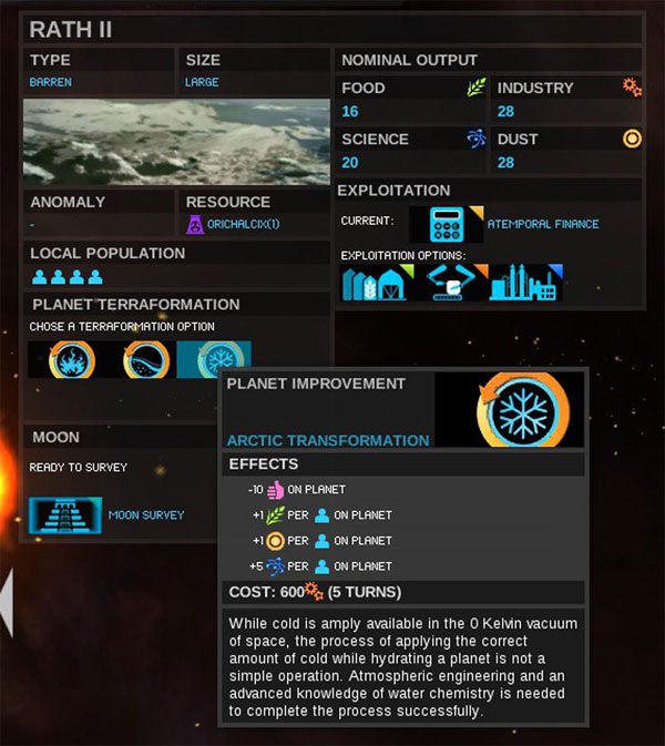 Planeta BARREN zostania przemieniona w planetę Arktyczną. - Transformacja - Okno Planety - Endless Space - poradnik do gry