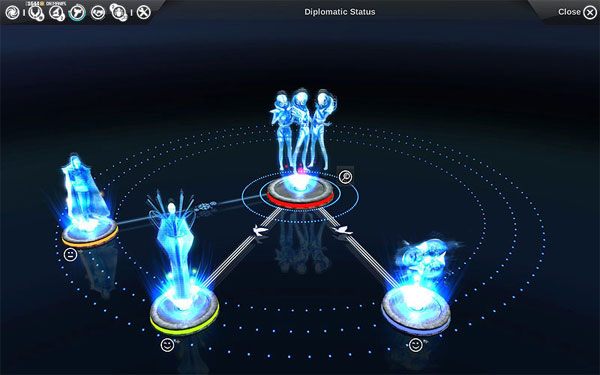 My jesteśmy w centrum, z dwiema rasami mamy zawarty pokój i bardzo dobre relacje. Trzecia rasa jest z nami w stanie zimnej wojny. - Dyplomacja - Endless Space - poradnik do gry