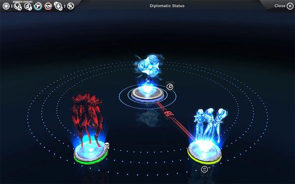 Znów nasza rasa jest w centrum. Prowadzimy wojnę. Czerwony hologram oznacza wyeliminowaną rasę z gry. - Dyplomacja - Endless Space - poradnik do gry