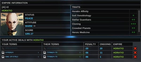 Widać jakie relacje łączą rase Horatio z naszą; również można się zapoznać z aktualnie zawartymi umowami - w tym przypadku to otwarte granice oraz wymiana minerałów. Po prawej zielonymi plusami wyceniono biegłość Horatio w konkretnych zdolnościach. - Dyplomacja - Endless Space - poradnik do gry