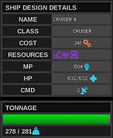Najważniejsze dane statku skupione w jednej tabelce - widać klasę maszyny, koszt jej produkcji, siłę ognia, wytrzymałość, przestrzeń zajmowaną we flocie oraz
