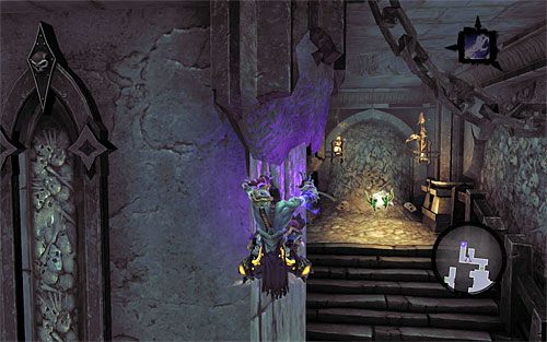 Przesuwaj się w prawo, wykonując bieg po ścianie w stronę pionowego drewnianego słupa - Przeszukaj Miasto Umarłych - zachodnia część | Miasto Umarłych | Darksiders 2 - Darksiders 2 - poradnik do gry