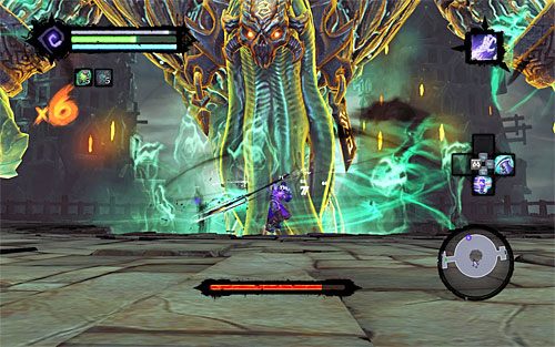 Przez cały czas trwania bitwy szukaj okazji do atakowania okolic pokazanej na powyższym screenie głowy bossa - Boss 15 - Dręczyciel Dusz | Miasto Umarłych | Darksiders 2 - Darksiders 2 - poradnik do gry