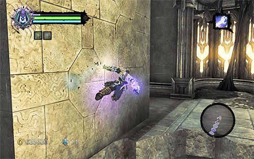 Po znalezieniu się w końcowej części tunelu rozejrzyj się wokół siebie, przystępując do wspinaczki i docierając do górnej partii muru cytadeli - Odszukaj skrybę - wschodnia część cytadeli (1) | Skaza herezji | Darksiders 2 - Darksiders 2 - poradnik do gry