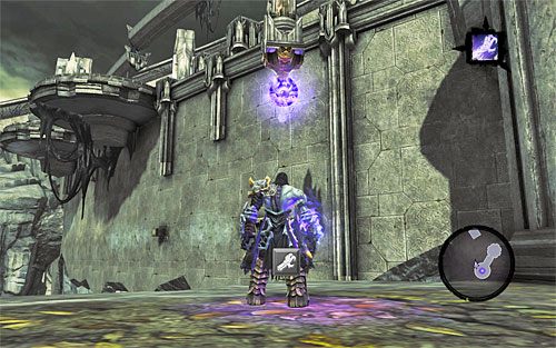 Po zakończonych walkach skorzystaj z pokazanego na powyższym screenie północno-zachodniego interaktywnego zaczepu, łapiąc się go oczywiście z użyciem Uchwytu Śmierci - Odszukaj skrybę - zachodnia część cytadeli (1) | Skaza herezji | Darksiders 2 - Darksiders 2 - poradnik do gry