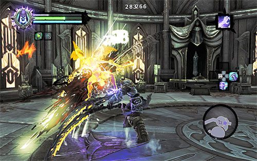 Dobrą wiadomością jest to, że sykofanty są mało wytrzymałe, tak więc możesz dość szybko wyczerpać pasek zdrowia każdego takiego potwora, szczególnie jeśli będziesz pomagał sobie Uchwytem Śmierci i silnymi ciosami specjalnymi - Odszukaj skrybę - północna część cytadeli (1) | Skaza herezji | Darksiders 2 - Darksiders 2 - poradnik do gry