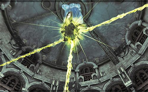 Zaczekaj na ponowne pojawienie się żółtego promienia i ustaw się w takiej pozycji żeby oddzielał Cię od niego uaktywniony wcześniej portal zlokalizowany na posadzce (screen 1) - Boss 17 - Skryba Jamaerah | Skaza herezji | Darksiders 2 - Darksiders 2 - poradnik do gry