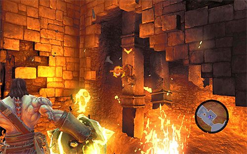 Podejdź do nowego cieniobucha, zabierz go (E), przejdź do trybu celowania (Q) i wymierz w pokazany na powyższym screenie przełącznik - Przywróć Górski Ogień (1) | Górski Ogień | Darksiders 2 - Darksiders 2 - poradnik do gry