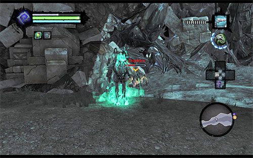 W zależności od upodobań możesz pozostać na koniu, starając się likwidować w ruchu okoliczne potwory (lewy przycisk myszy) lub go odesłać i osobiście przystąpić do walk - Znajdź Podmokły Fort | Górskie Łzy | Darksiders 2 - Darksiders 2 - poradnik do gry