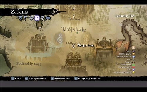 Otwórz mapę świata i wybierz z niej lokację [Kuźnia Twórców] (powyższy screen), która znajduje się na południe od lokacji [Trójskale] (równie dobrze możesz też przenieść się do Trójskala i stamtąd dotrzeć o własnych siłach do kuźni - wybór należy do Ciebie) - Wróć do Kuźni Twórców i pomów z Alyą | Górskie Łzy | Darksiders 2 - Darksiders 2 - poradnik do gry