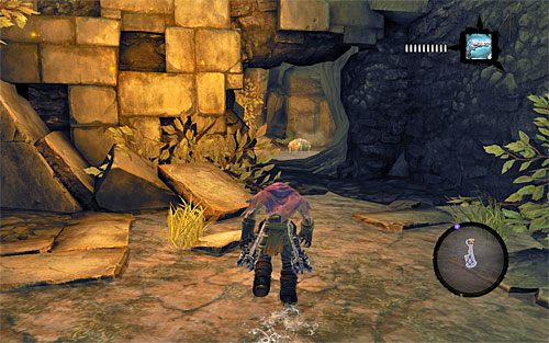 Zanim zdecydujesz się na to żeby przejść po łańcuchu wskocz do tutejszej dużej dziury (bez obaw - nie wiąże się to z odniesieniem obrażeń) - Zbudź konstrukta (1) | Wiara góry przenosi | Darksiders 2 - Darksiders 2 - poradnik do gry